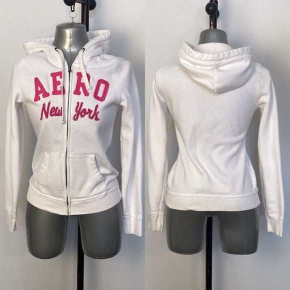 2/$25White casual comfy Aeropostale zip up waffle lined hooded sweater sz medium - Picture 1 of 11